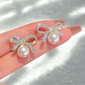 Gold Bow Classic Faux Pearl Formal Earrings Prom Cocktail Wedding Bridal Jewelry